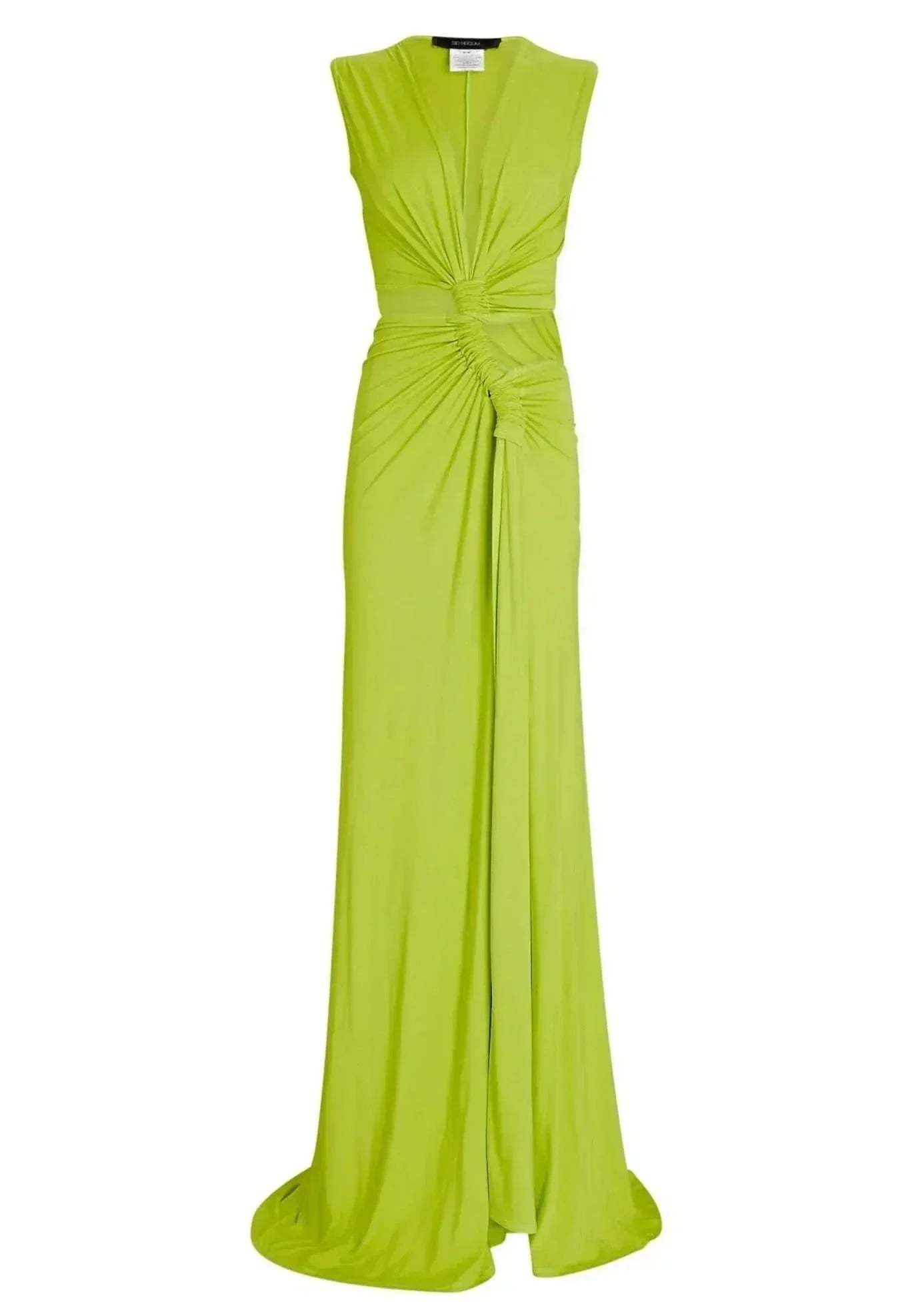 Chartreuse sleeveless maxi dress with twisted cutout at waist and floor-length hem