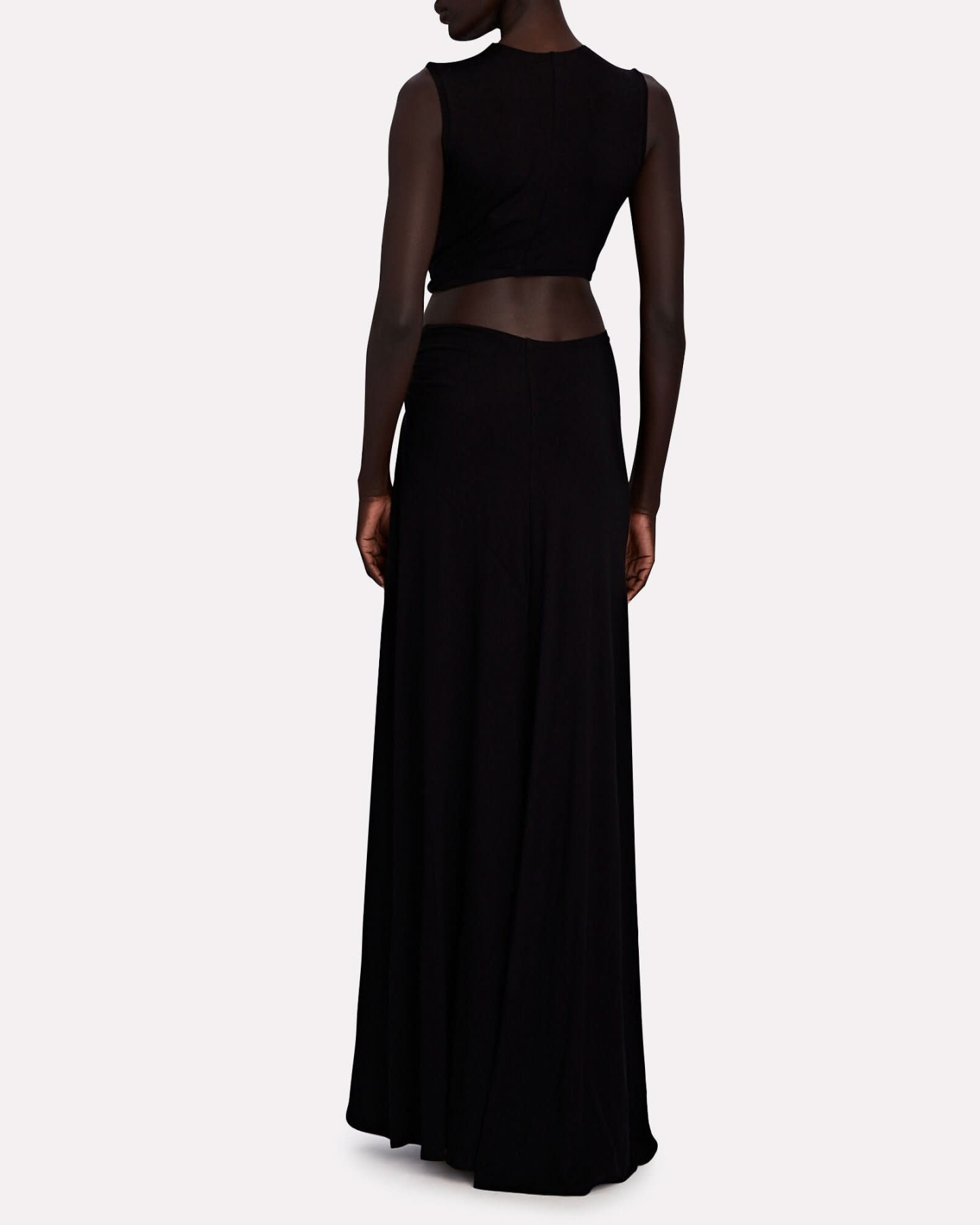 Black cutout maxi dress back view showing sheer mesh panel details