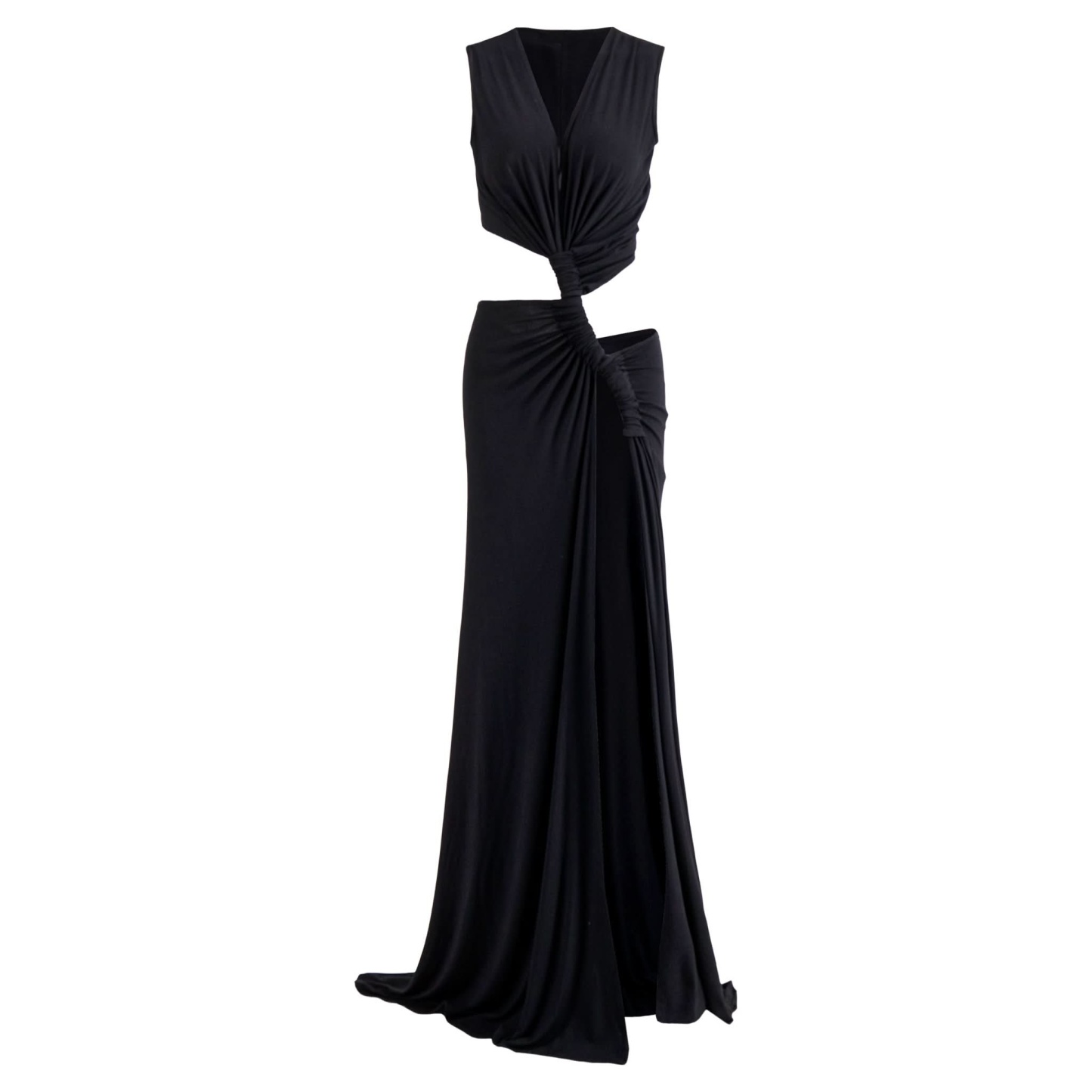 Black cutout maxi dress front view with deep v-neck and twisted waist opening