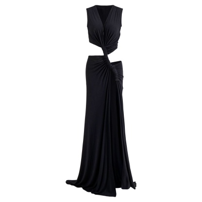 Black cutout maxi dress front view with deep v-neck and twisted waist opening