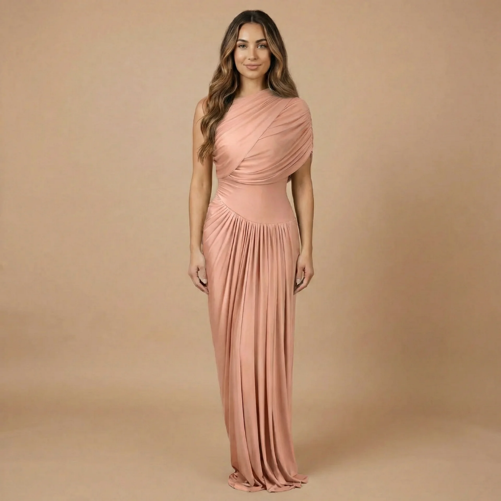 Dusty rose draped maxi dress with asymmetrical shoulder drape and pleats