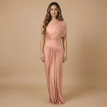 Dusty rose draped maxi dress with asymmetrical shoulder drape and pleats