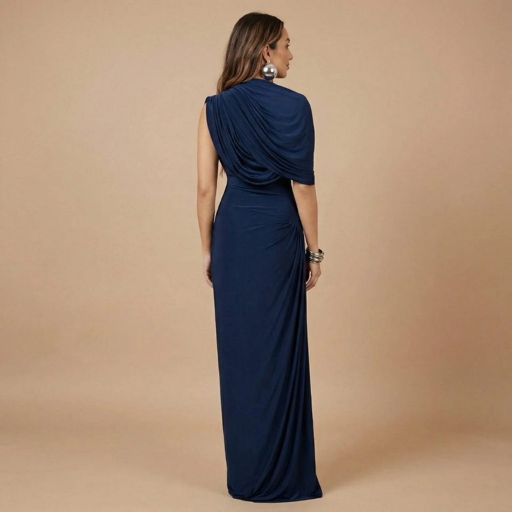 Navy blue draped maxi dress back view with cowl drape and pleated skirt