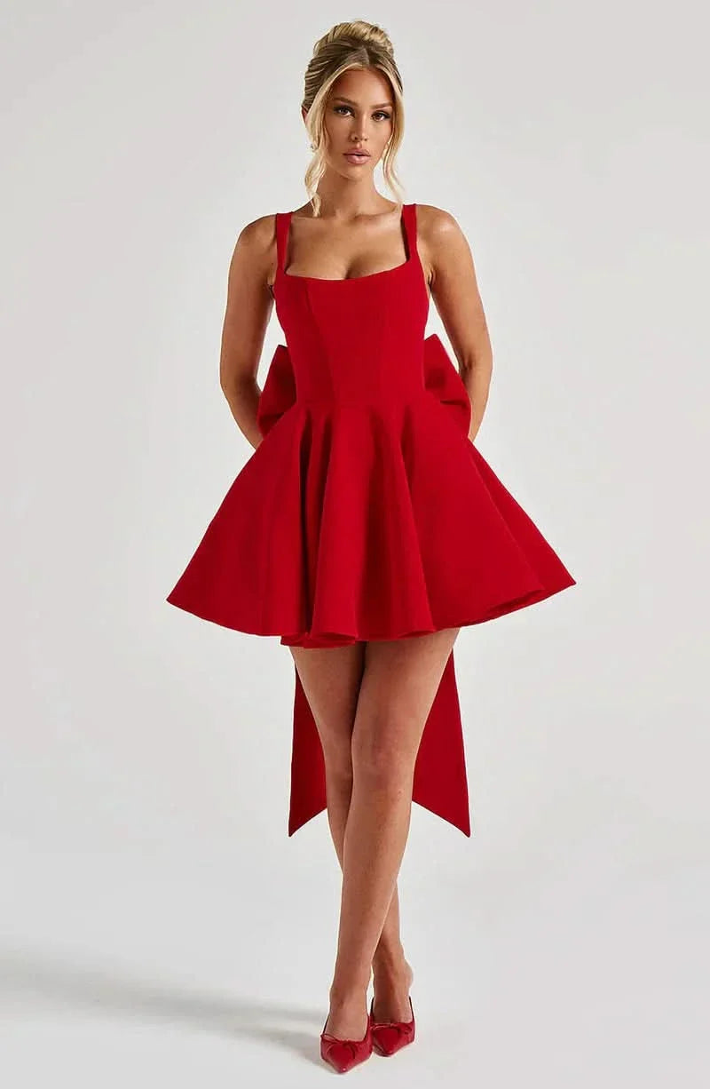 Red fit-and-flare mini dress with square neckline and asymmetrical hem