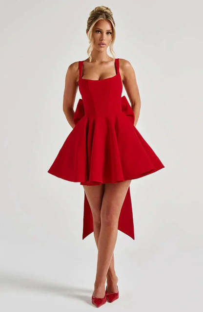Red fit-and-flare mini dress with square neckline and asymmetrical hem