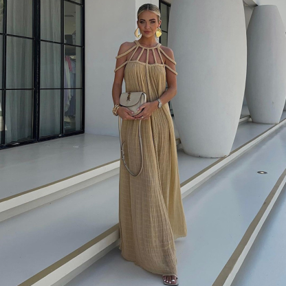Beige pleated maxi dress with braided halter neckline front view