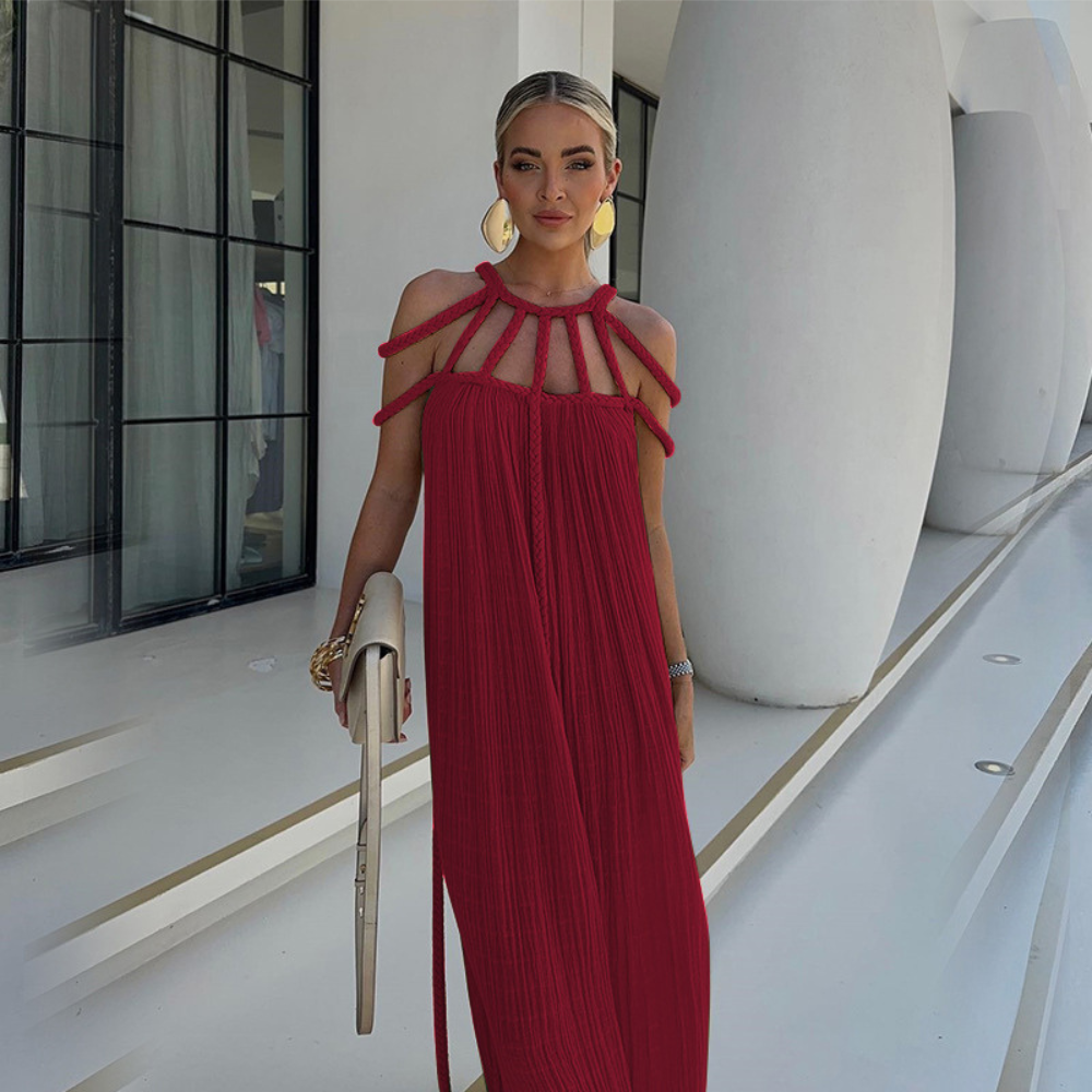 Red pleated maxi dress with braided cold-shoulder detail