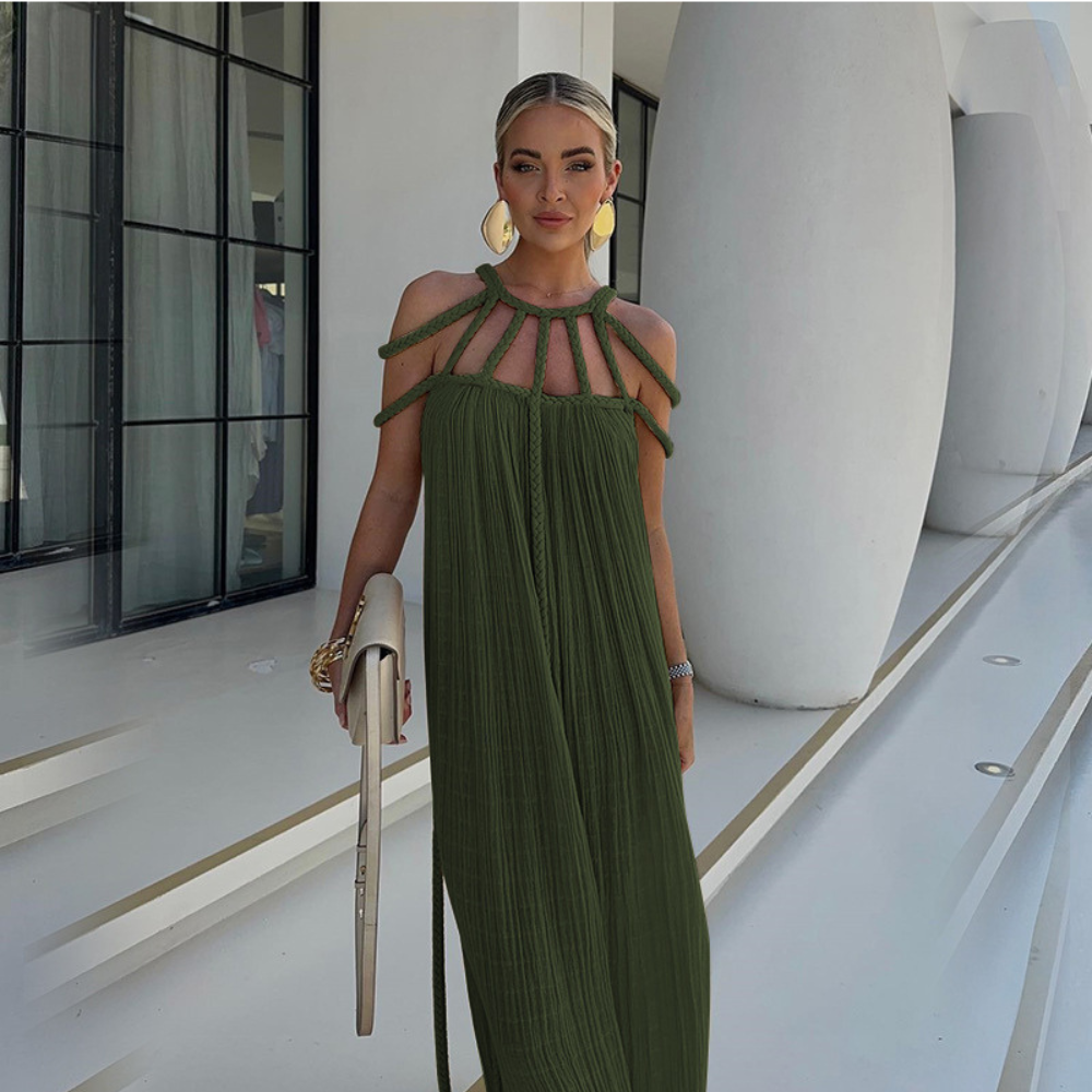 Olive green pleated maxi dress with braided shoulder straps