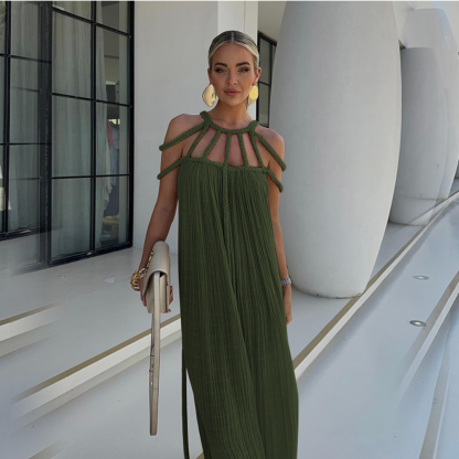 Olive green pleated maxi dress with braided shoulder straps