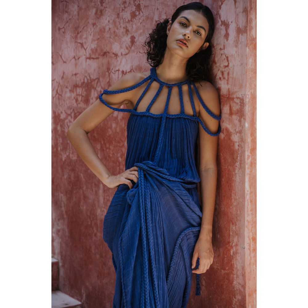 Deep blue pleated maxi dress with braided halter neckline detail