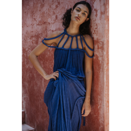 Deep blue pleated maxi dress with braided halter neckline detail