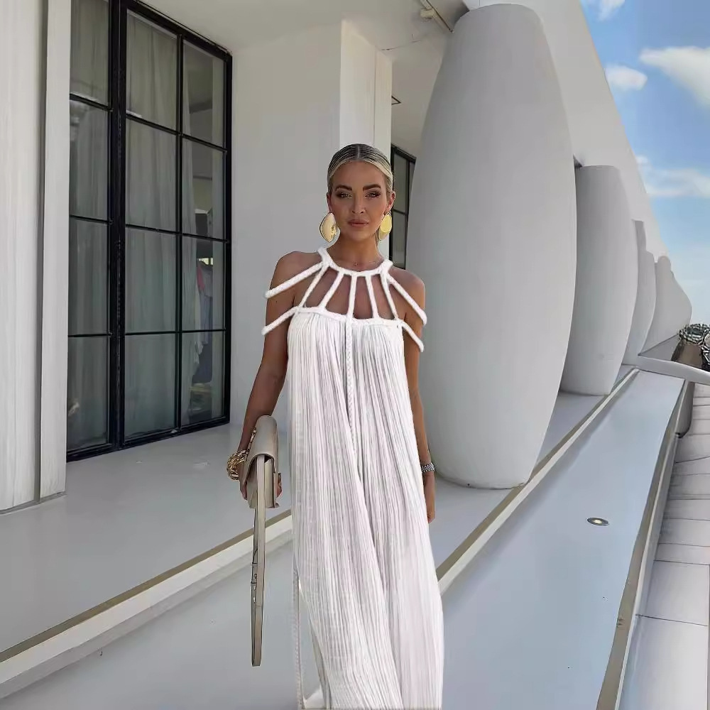 White pleated maxi dress with braided cold-shoulder straps