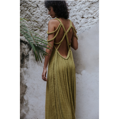 Olive green maxi dress back view showing braided cross-back straps