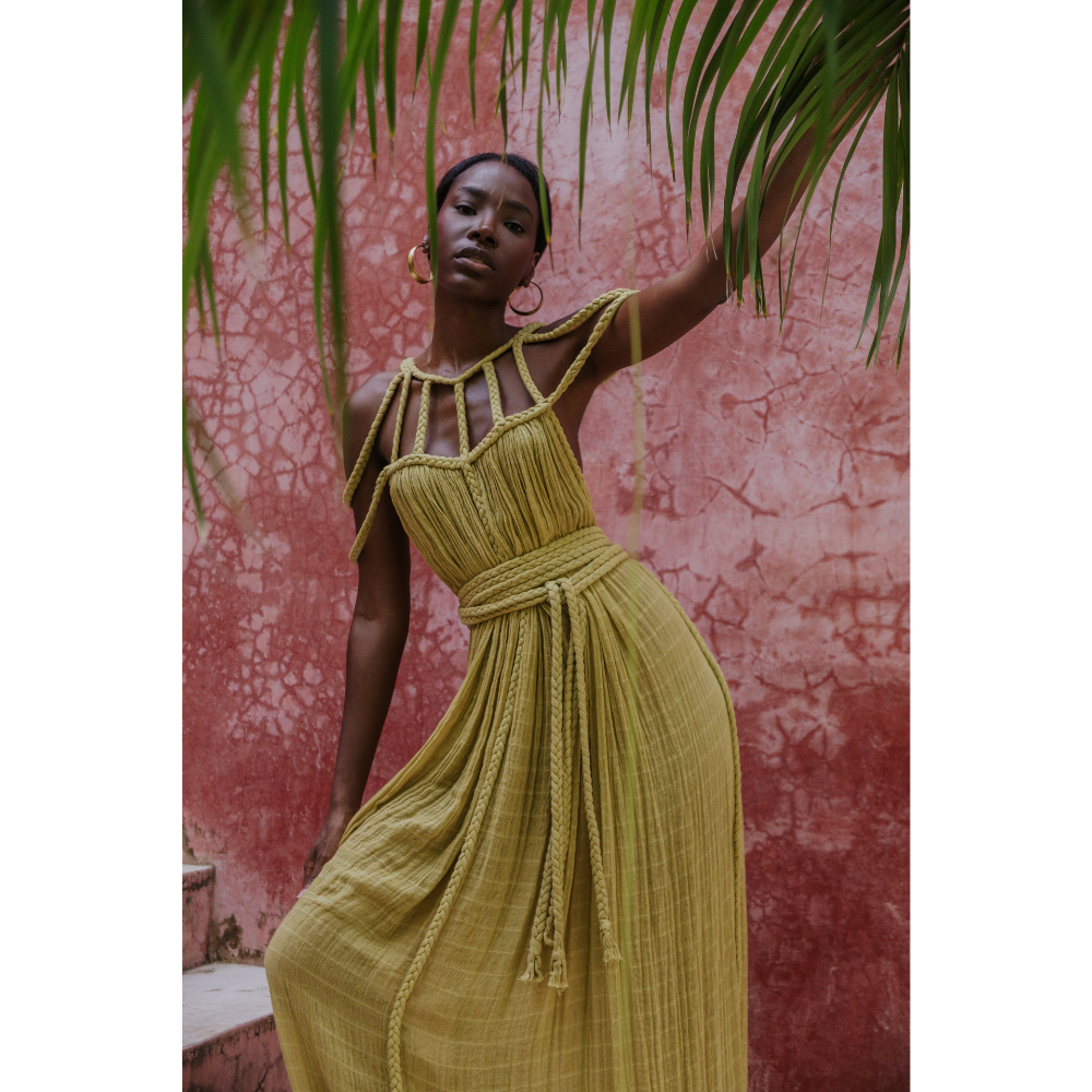 Chartreuse pleated maxi dress with braided waist belt detail