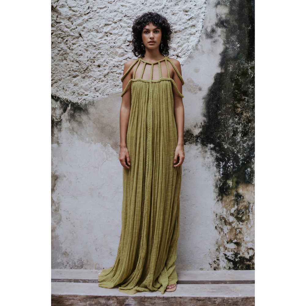 Olive green pleated maxi dress with braided cold-shoulder neckline