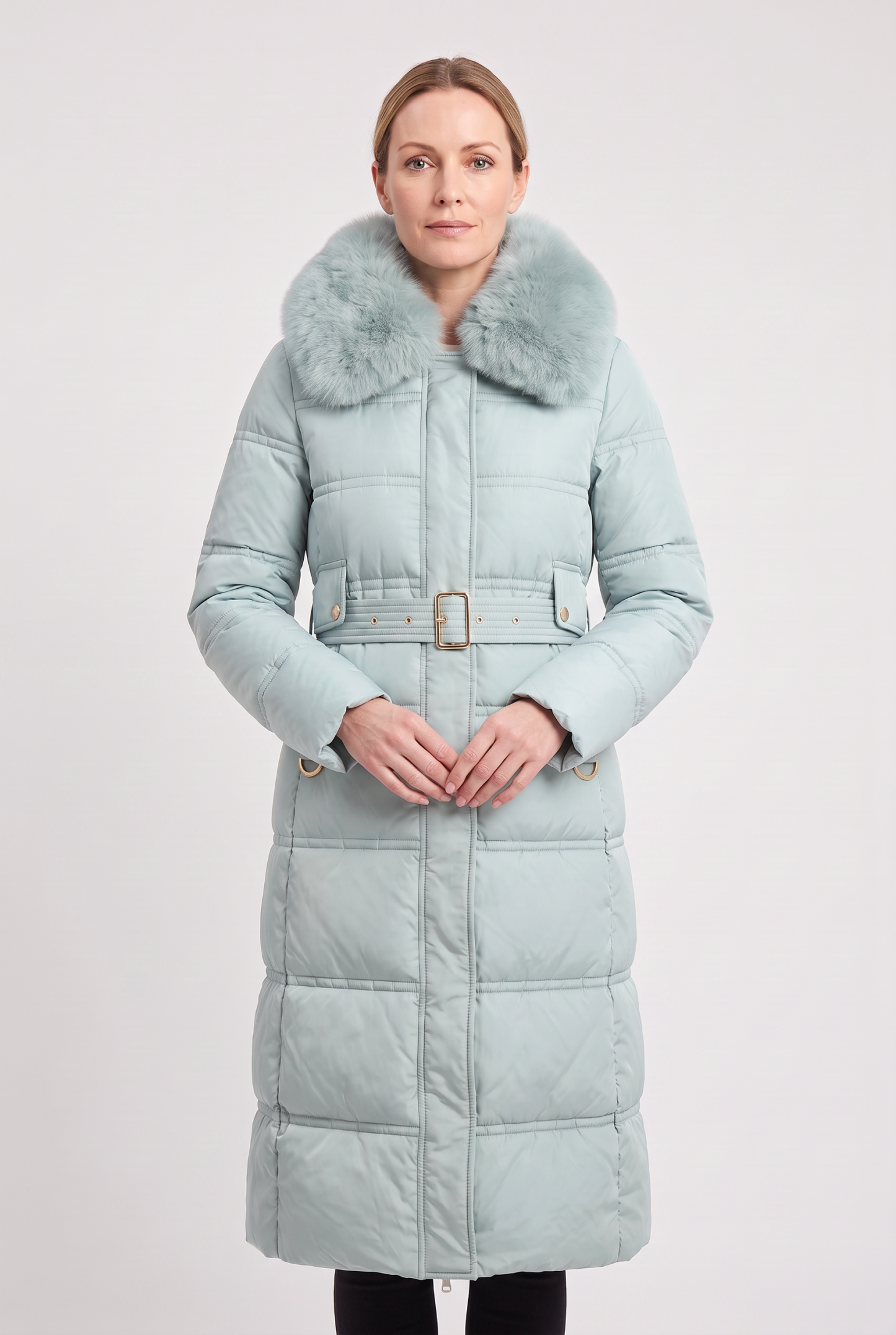 Astera Contrast Collar Longline Puffer Coat - Sage