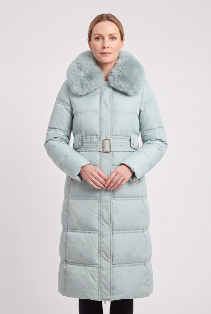 Astera Contrast Collar Longline Puffer Coat - Sage