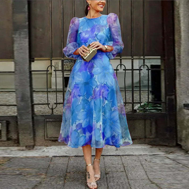 Blue floral midi dress with long puff sleeves and fitted waist for women