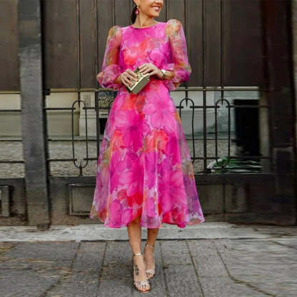 Hot pink floral midi dress with puff sleeves and A-line skirt for women