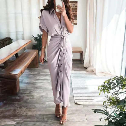 Mauve wrap midi dress with short sleeves and ruched side closure