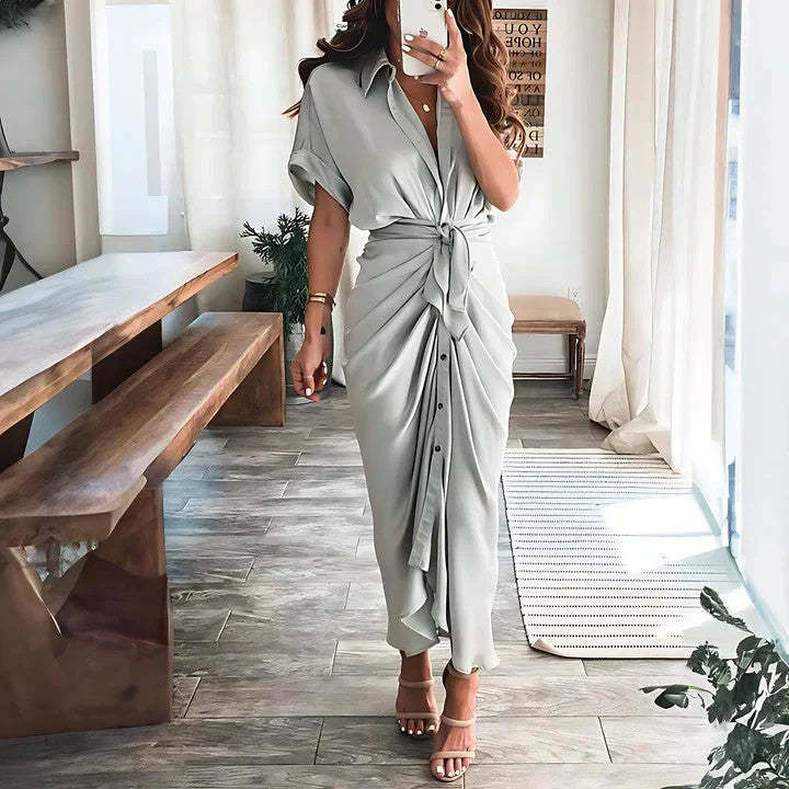 Sage green wrap midi dress with ruched side detail and button front