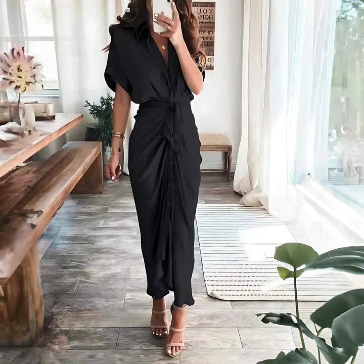 Black wrap midi dress with short sleeves and gathered side ruching