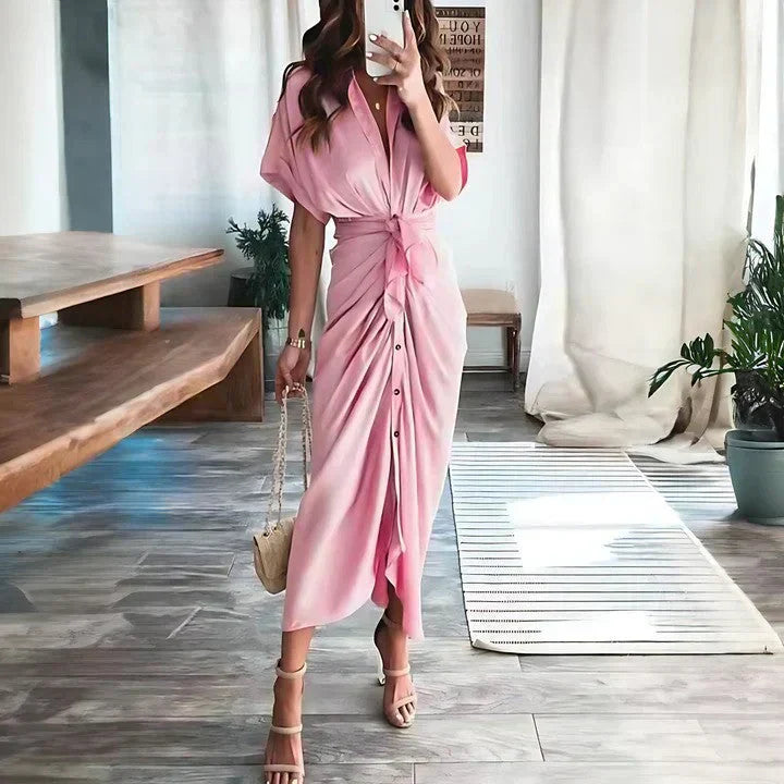 Pink wrap midi dress with short sleeves and side ruched detail