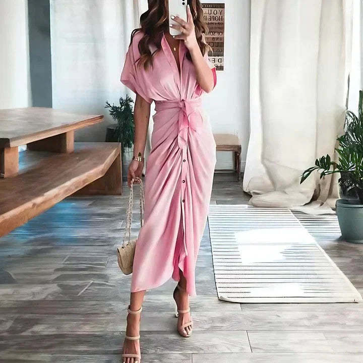 Pink wrap midi dress with short sleeves and side ruched detail