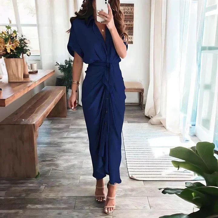 Navy blue wrap midi dress with short sleeves and gathered side