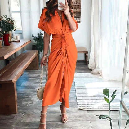 Burnt orange wrap midi dress with tie front and button closure