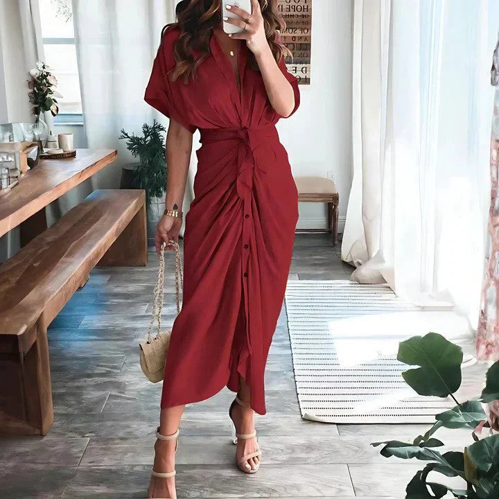 Burgundy wrap midi dress with short sleeves and side ruching