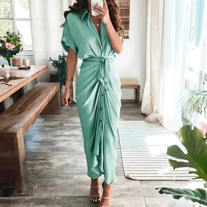 Mint green wrap midi dress with tie waist and gathered side detail