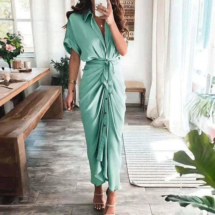 Mint green wrap midi dress with tie waist and gathered side detail