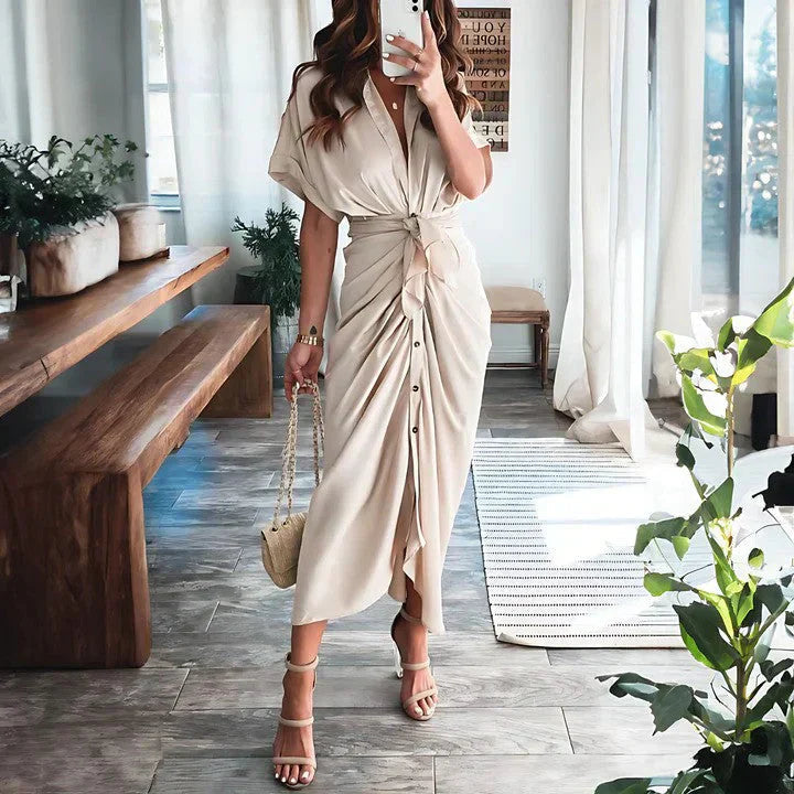 Beige wrap midi dress with short sleeves and side tie closure