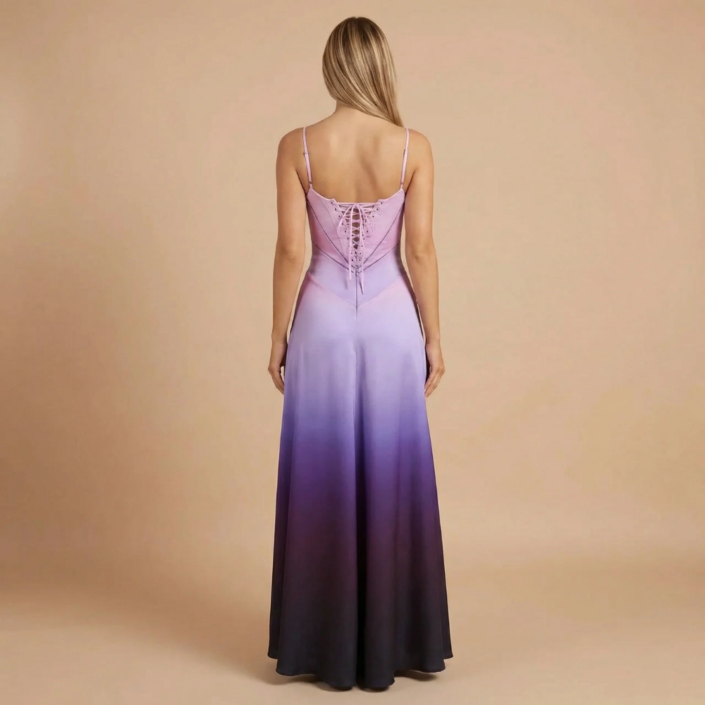 Lavender to black ombre corset maxi dress with lace-up back detail