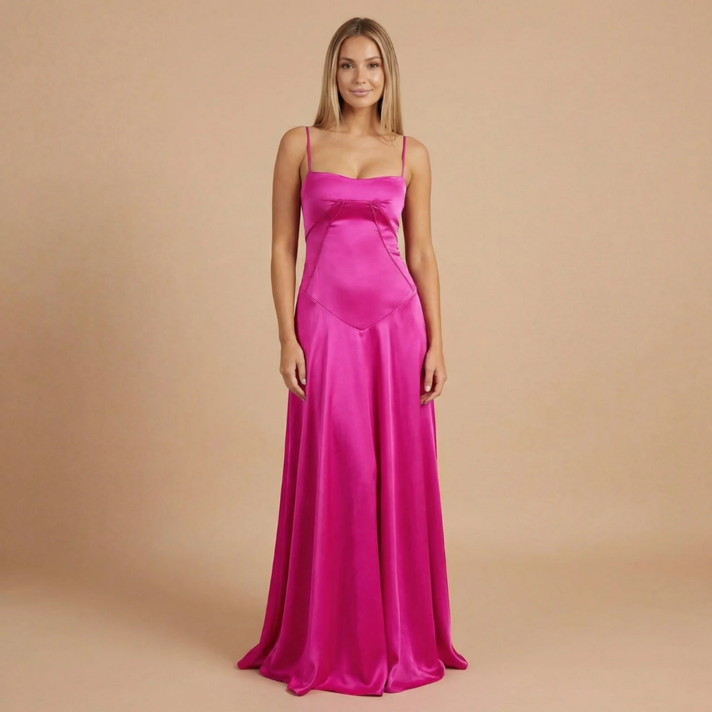 Magenta corset maxi dress with spaghetti straps and structured bodice