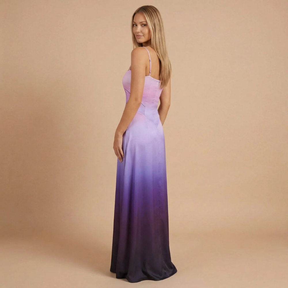Ombre purple corset maxi dress side view with gradient fade detail