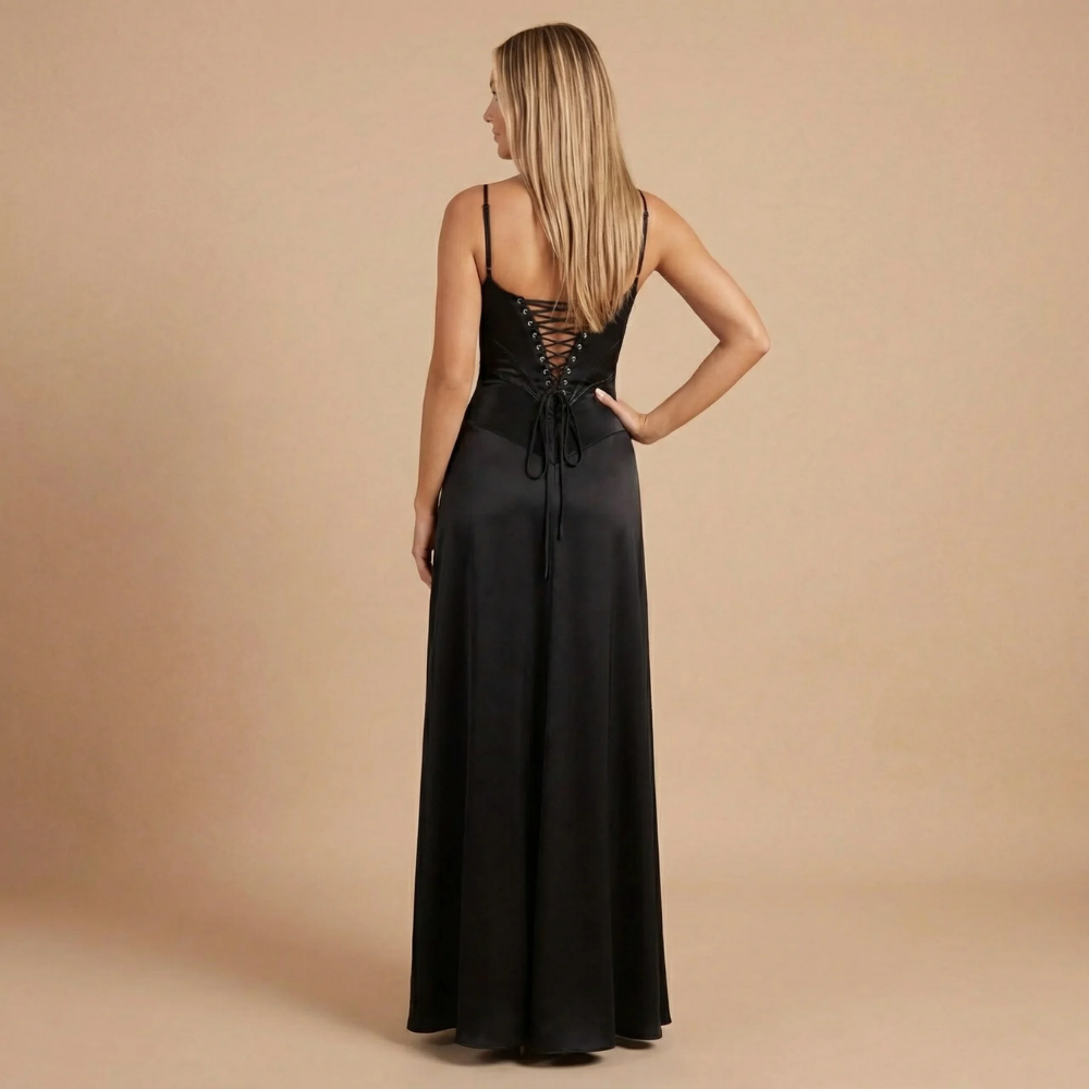 Black corset maxi dress back view with lace-up corset and open back