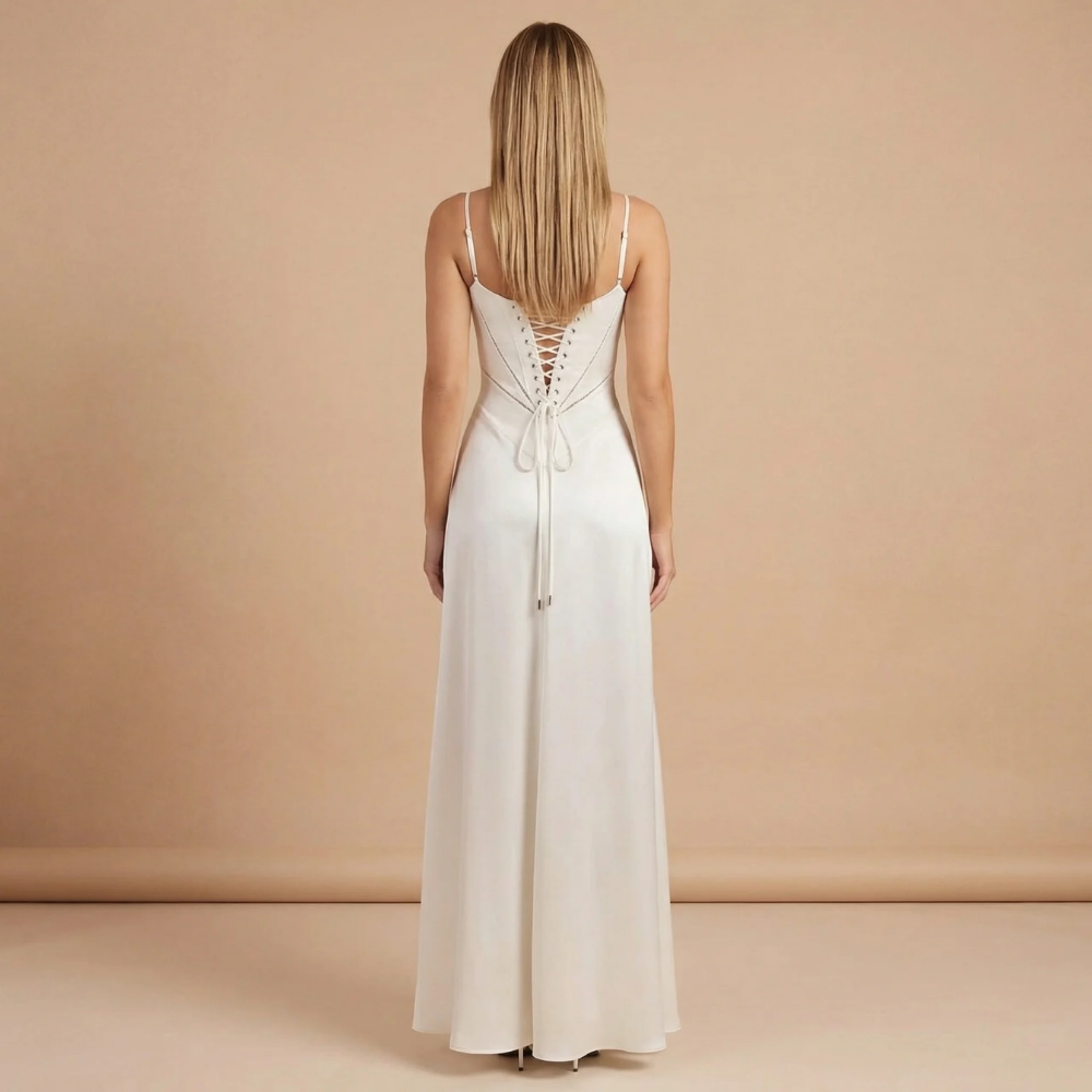 Cream corset maxi dress back view with lace-up corset closure detail
