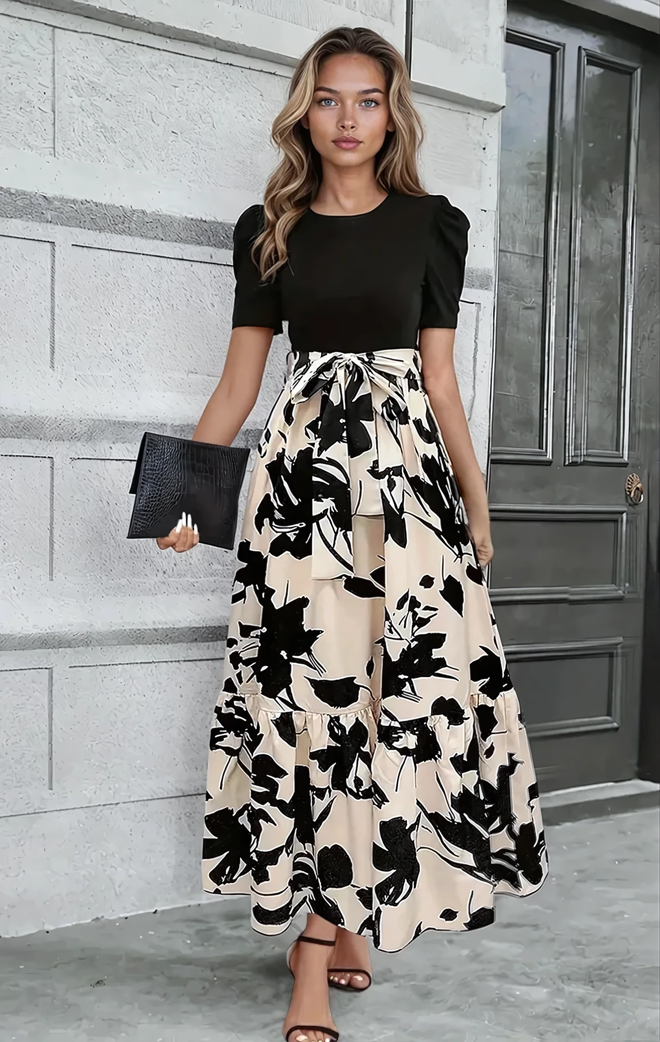 Cream and black floral maxi dress with puff sleeves and tie waist for women