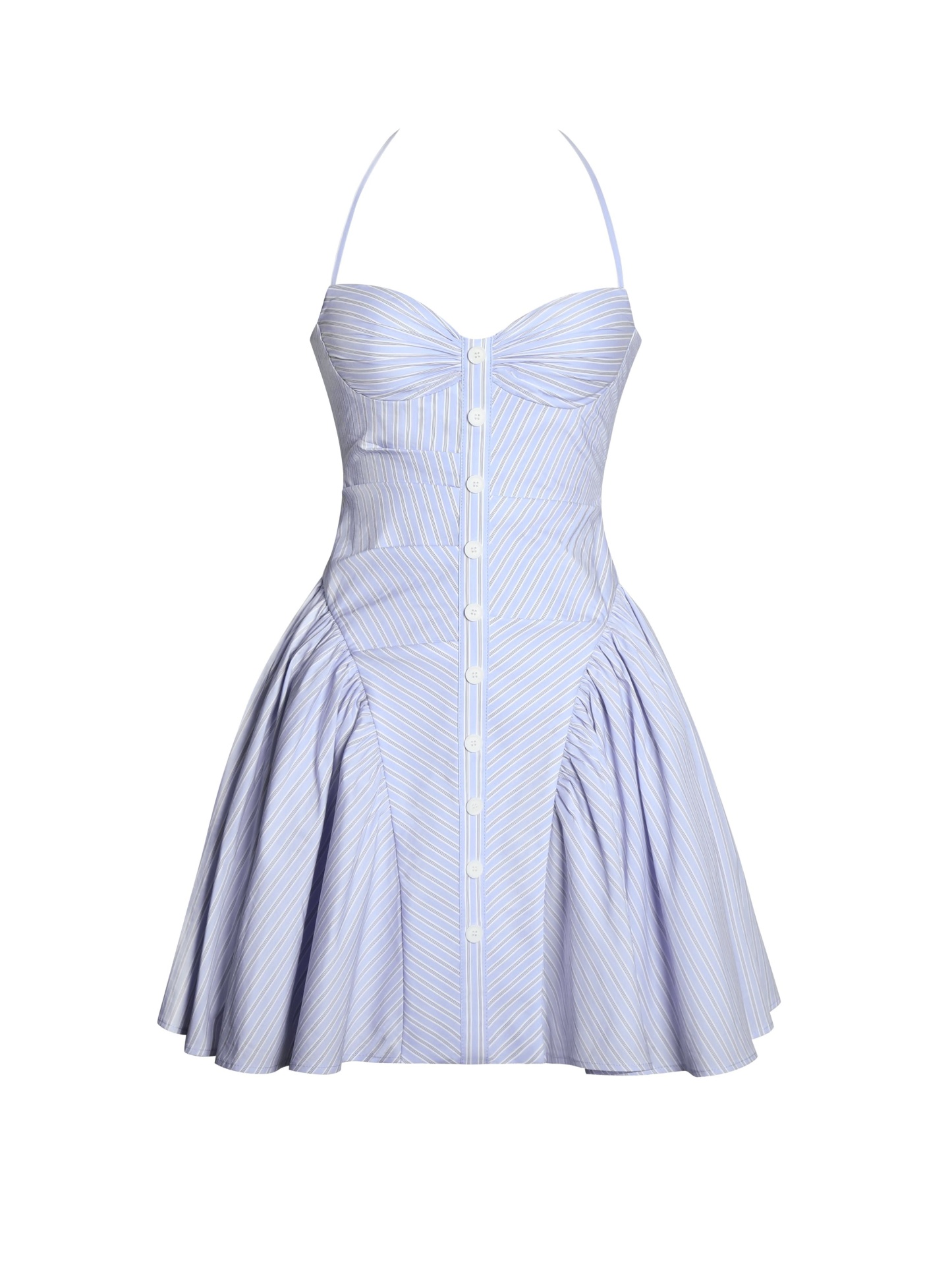 Full back view of light blue striped pleated mini dress with halter neckline