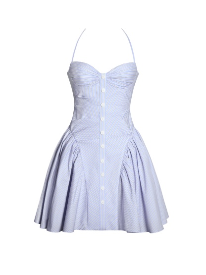 Full back view of light blue striped pleated mini dress with halter neckline