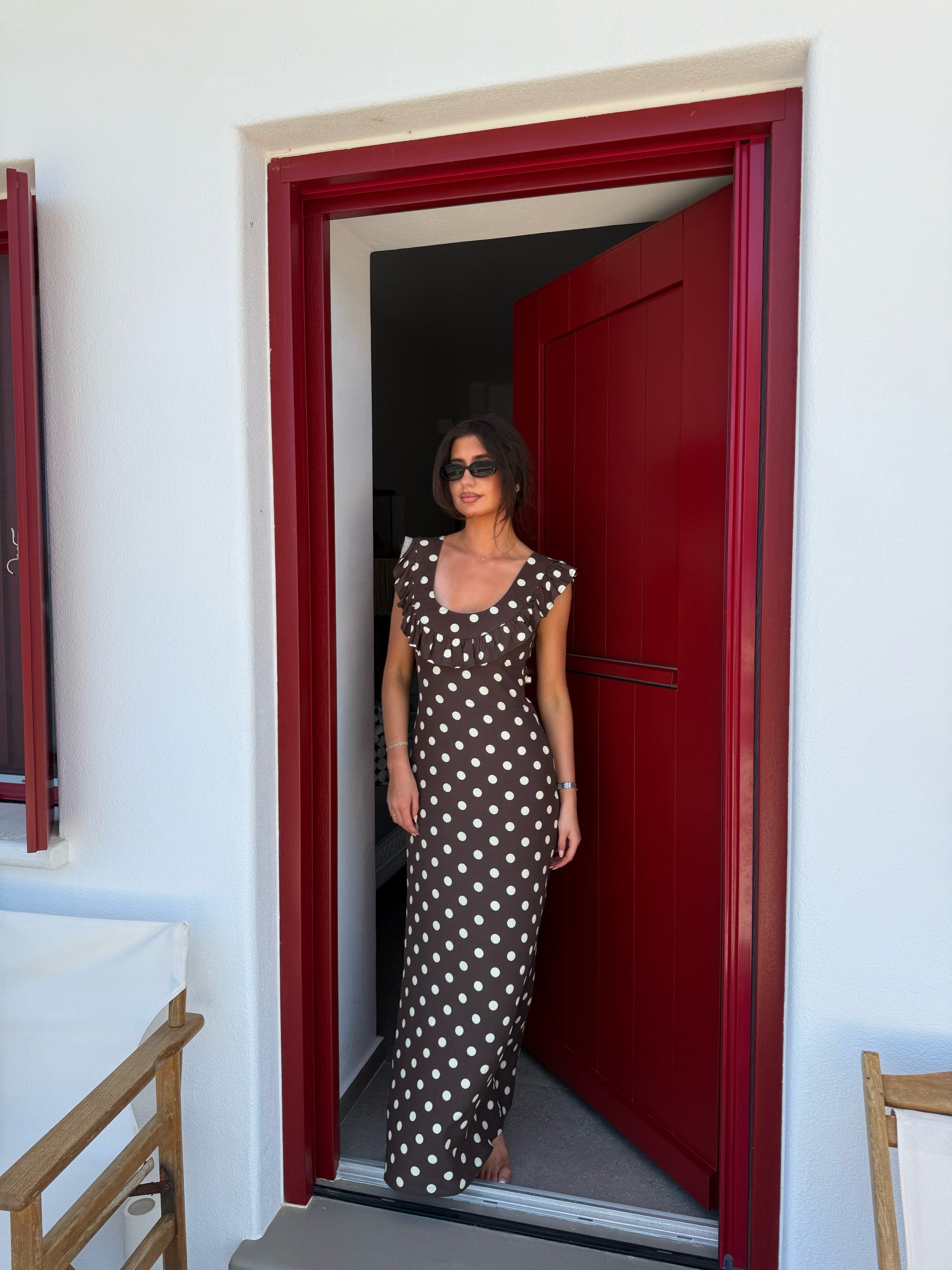Brown and cream polka dot maxi dress with short ruffle sleeves and sweetheart neckline