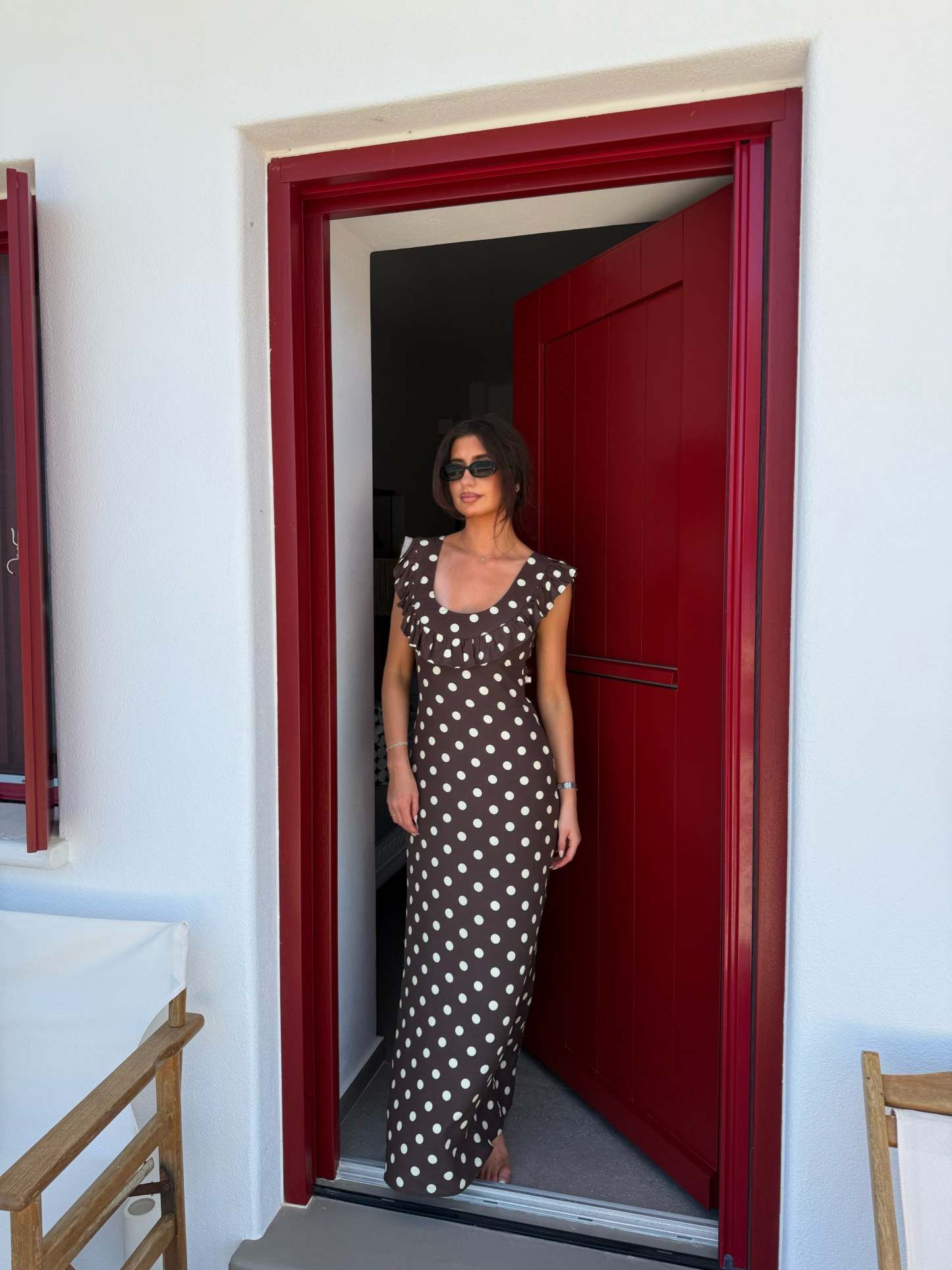 Brown and cream polka dot maxi dress with short ruffle sleeves and sweetheart neckline
