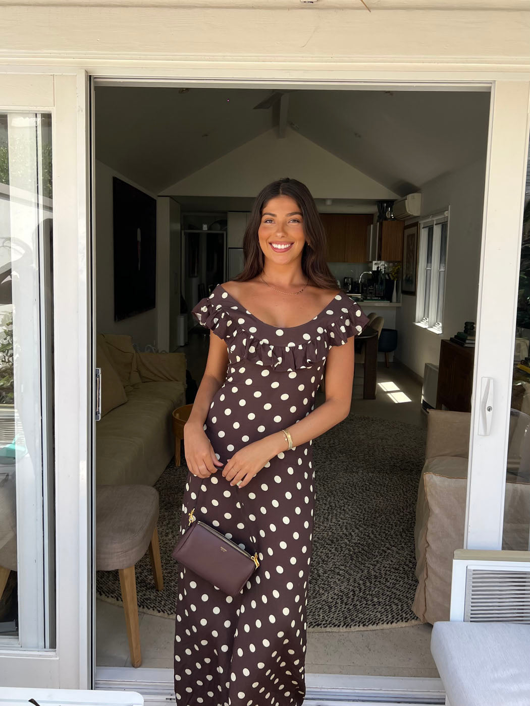 Off-shoulder brown polka dot maxi dress with ruffled cap sleeves
