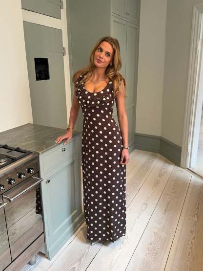 Brown polka dot maxi dress with ruffled neckline and short sleeves