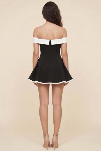 Aveline Off Shoulder Mini Dress - Black and White