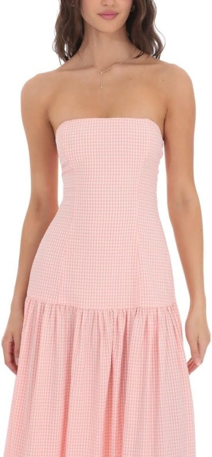 Strapless bandeau neckline detail of pink gingham maxi dress for women