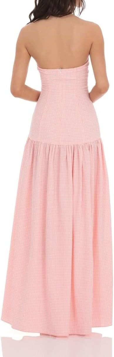 Back view of pink gingham maxi dress showing open strapless back and tiered skirt
