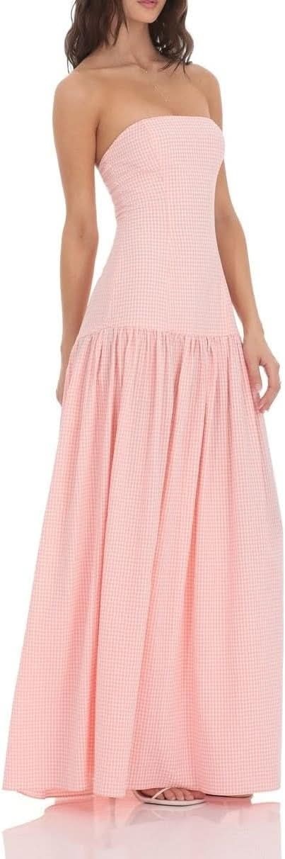Pink gingham strapless maxi dress with fitted bodice and ruffle-tier skirt for women